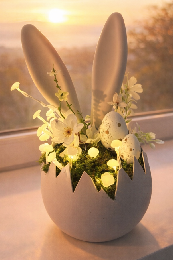Weiße, minimalistische Eierschale aus dem 3D-Druck als moderne Osterdeko zum Befüllen mit Moos, Blüten oder Wachteleiern.