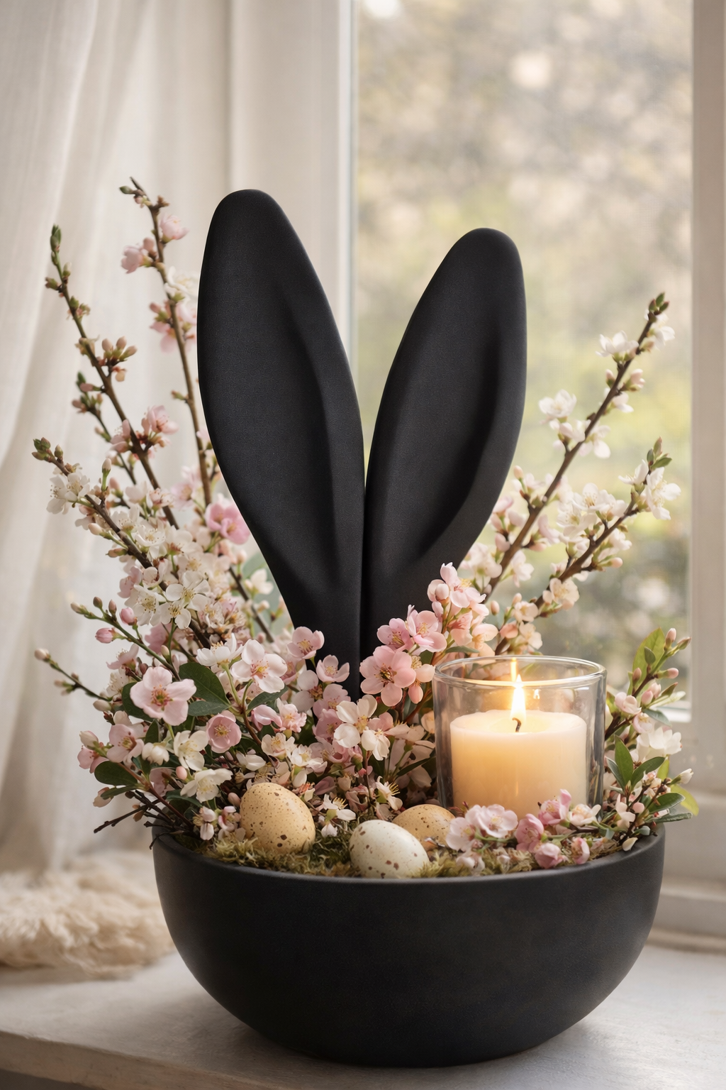 Frühlingshaftes Ostergesteck in einer schwarzen Schale auf der Fensterbank mit schwarzen Hasenohren als Deko, blühenden Zweigen in Rosa und Weiß, Moos, gesprenkelten Ostereiern und einer brennenden Kerze im Glas – warme, wohnliche Frühlings- und Osteratmosphäre bei Tageslicht.