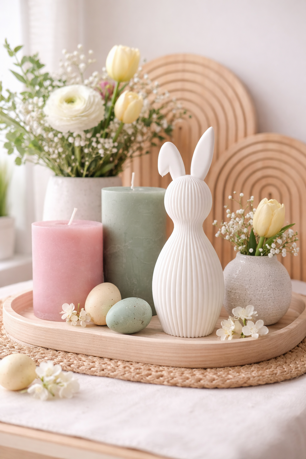 Moderne Osterdeko mit minimalistischem weißen Osterhasen, Kerzen in Pastellfarben, Frühlingsblumen und natürlichem Holztablett im skandinavischen Stil.