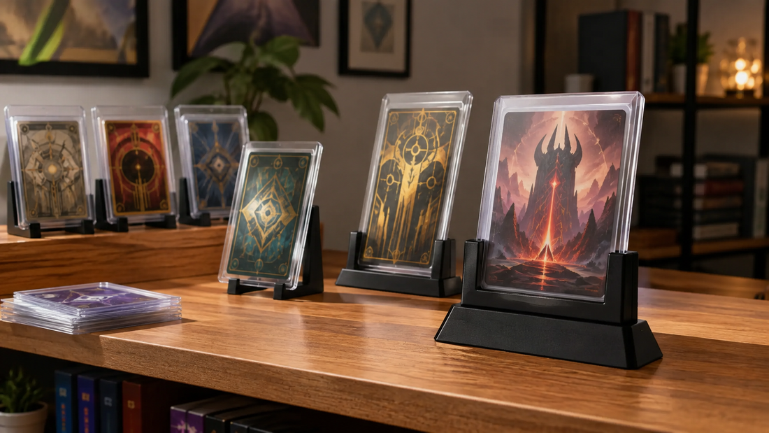 Mehrere Sammelkarten in transparenten Schutzhüllen und Toploadern, präsentiert auf schwarzen 3D-gedruckten Kartenständern auf einem Holzregal in einem modernen Gaming-Zimmer.